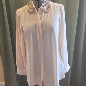 Joan Rivers Cream Button Down Shirt with Studded Collar